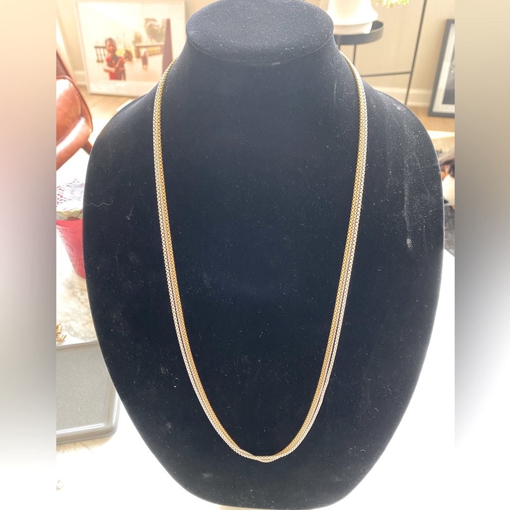 JENNY BIRD, 32” long silver & gold, triple strand necklace